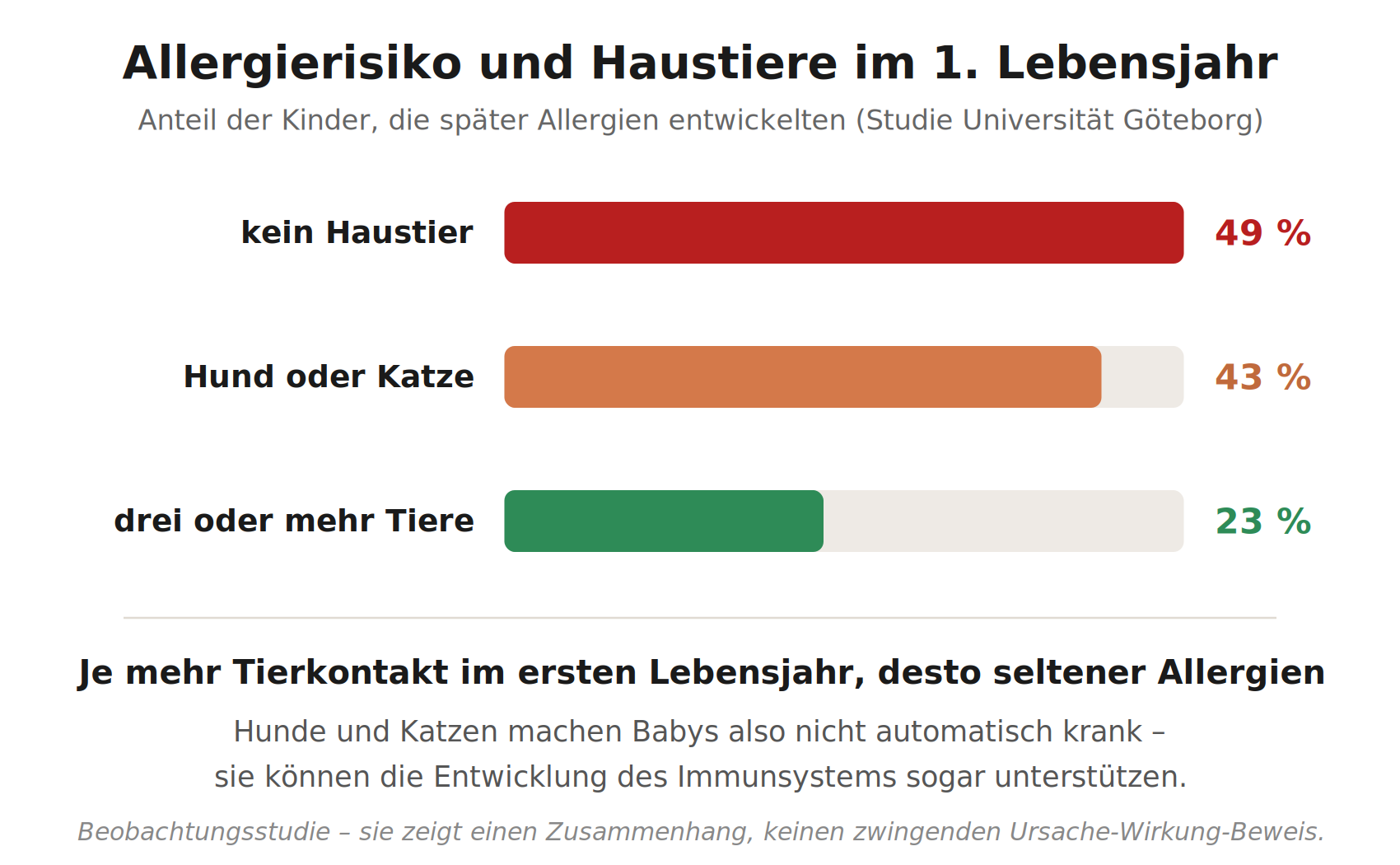 Balkendiagramm: Von Kindern ohne Haustier im ersten Lebensjahr entwickelten 49 Prozent später Allergien, mit einem Hund oder einer Katze 43 Prozent und mit drei oder mehr Tieren nur 23 Prozent