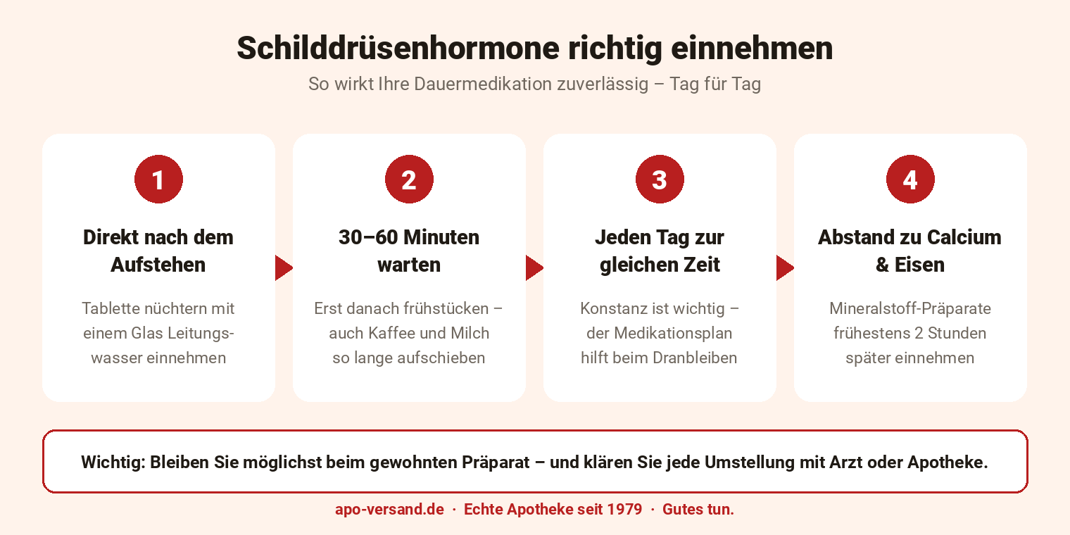 Infografik: Schilddr&uuml;senhormone richtig einnehmen &ndash; n&uuml;chtern, 30 bis 60 Minuten vor dem Fr&uuml;hst&uuml;ck, t&auml;glich zur gleichen Zeit, Abstand zu Calcium und Eisen