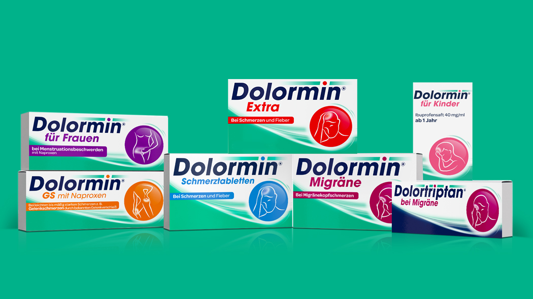 Dolormin Produktübersicht – Dolormin Classic, Dolormin extra, Dolormin GS mit Naproxen, Dolormin für Frauen bei Menstruationsbeschwerden und Dolormin Migräne mit Ibuprofen gegen Kopfschmerzen, Rückenschmerzen, Zahnschmerzen, Regelschmerzen und Migräne