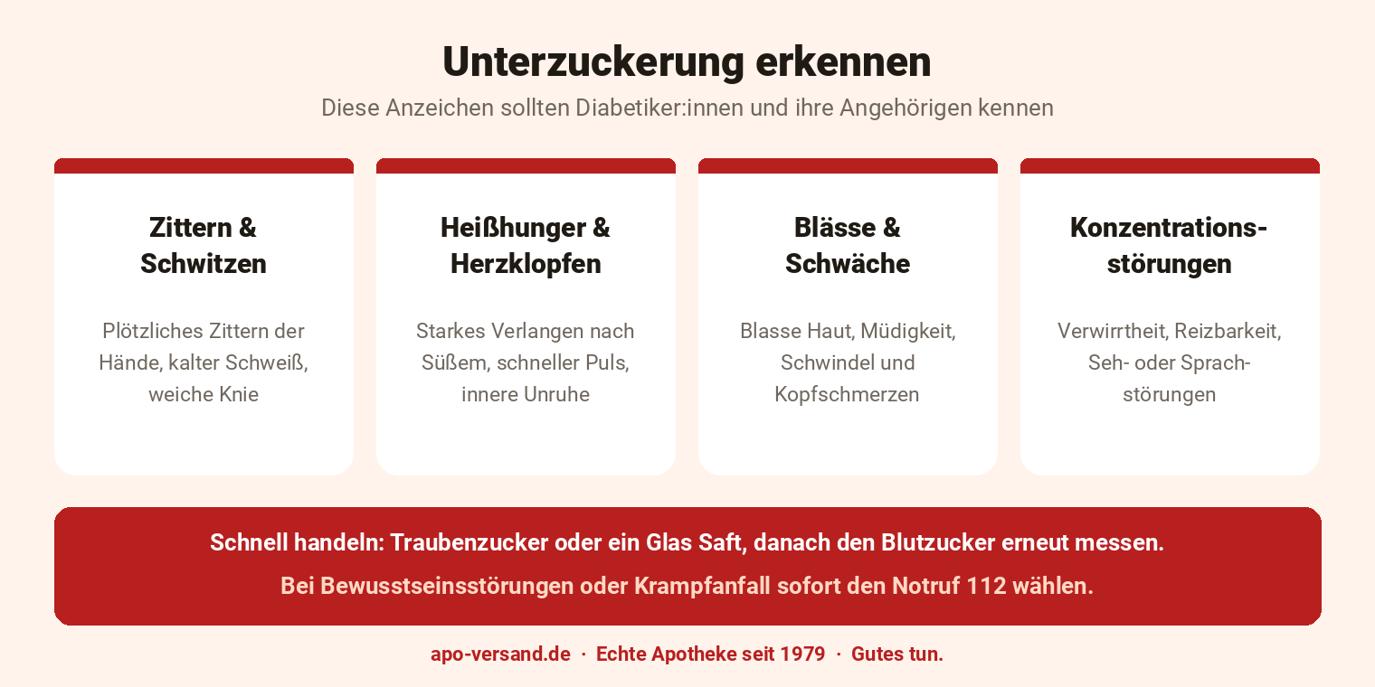 Infografik: Unterzuckerung erkennen &ndash; Zittern und Schwitzen, Hei&szlig;hunger und Herzklopfen, Bl&auml;sse und Schw&auml;che, Konzentrationsst&ouml;rungen. Schnell handeln mit Traubenzucker, bei Bewusstseinsst&ouml;rungen Notruf 112.