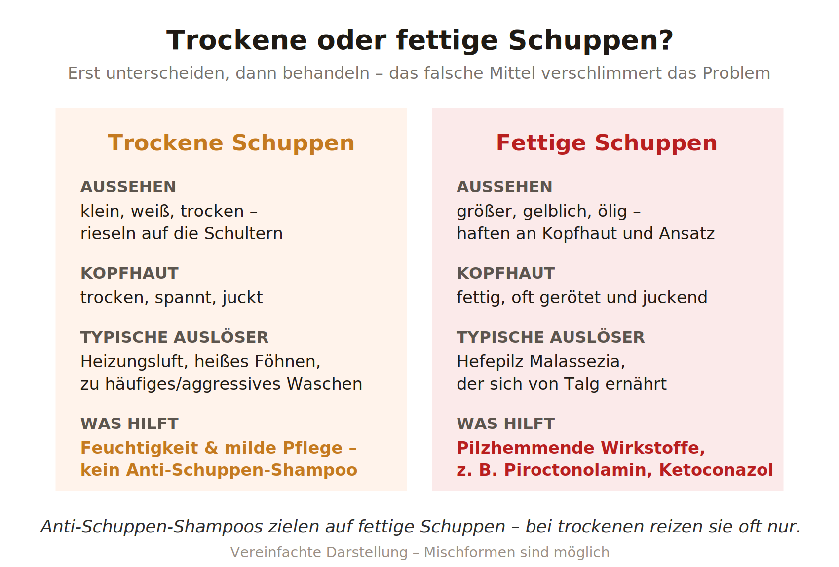 Vergleich: Trockene Schuppen sind klein, weiß und rieseln auf die Schultern, die Kopfhaut spannt – Ursachen sind Heizungsluft und austrocknende Pflege, es hilft milde Feuchtigkeitspflege. Fettige Schuppen sind größer, gelblich und haften am Ansatz, die Kopfhaut ist ölig und gerötet – Ursache ist meist der Hefepilz Malassezia, es helfen pilzhemmende Wirkstoffe