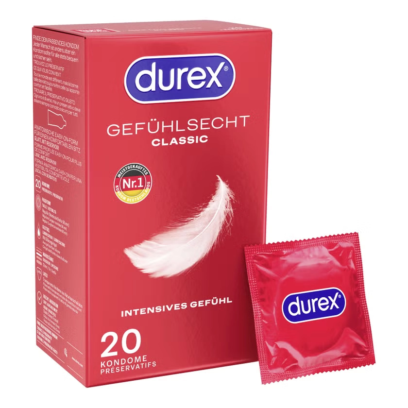 Durex Gefühlsecht Classic Kondome – Dünn für intensives Gefühl (56 mm)