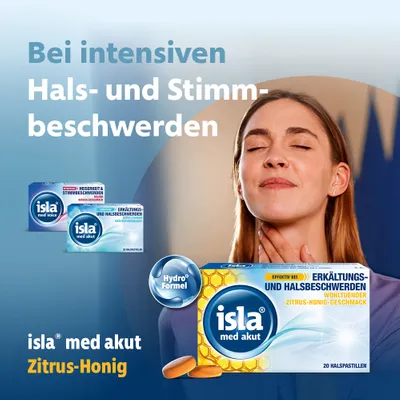 isla med akut Zitrus-Honig Halspastillen bei Halsschmerzen